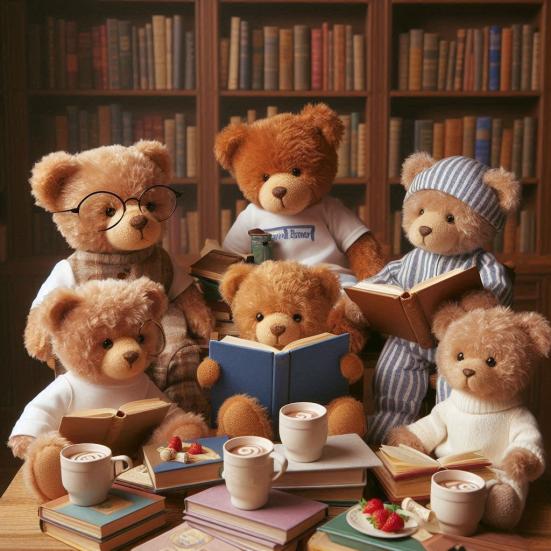 Seks bamser hygger sig sammen med bøger, varm kakao og jordbær. Bag bamserne ses reoler fulde af bøger.