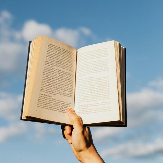 Foto af en hånd, der holder en bog op mod himlen