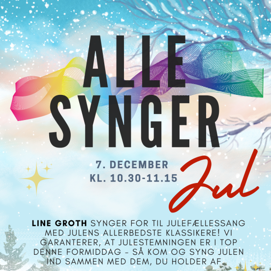 Plakat med et tegnet snelandskab og en rød bil med et juletræ på taget. Øverst står der "Alle synger jul".