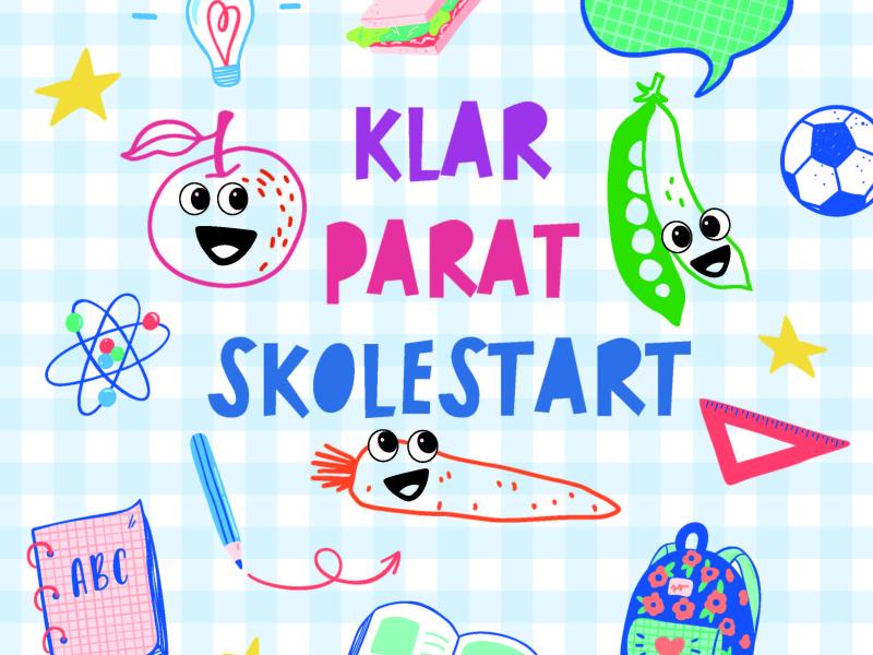 Grafisk tegning af elementer der kan illustrere skolestart. I midten er teksten "klar parat skolestart"