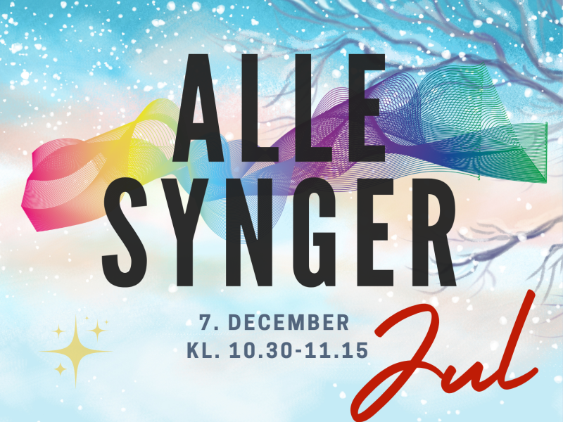 Plakat med et tegnet snelandskab og en rød bil med et juletræ på taget. Øverst står der "Alle synger jul".