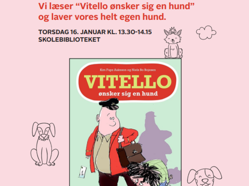 Invitation til Den sejeste læseklub på en lyserød baggrund. Udover tekst med information om læseklubben er også et billede af bogen "Vitello ønsker sig en hund".